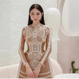 Autumn 2025 Lace Water-Soluble Flower Hollow Dress Long Sleeve Brown Short Skirt 68HZ