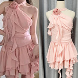 / Hanging Neck Flowers Lotus Leaves Outside Wearing Sleeveless 2025 Summer New Short Skirt Woman 68HZ