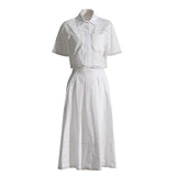 2025 Summer New Collar Short-Sleeved Shirt + High Waist Long Skirt Lace Embroidery Two-Set Suit Woman 68HZ