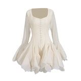 Design-Sensitive Fairy Dress 2025 New Square Collar Single Buckle Lotus Side Horn Sleeve Short Dress 68HZ