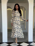 2024 New Gentle Wind Crush Floral Dress Women's Round Collar Long-Sleeved Leaf-Side Dress 68HZ