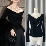 / Zhao Sanguan 2024 New One-Word Shoulder Elastic Wrinkled Top Elegant Long-Sleeved T-Shirt 68HZ