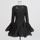 Design-Sensitive Fairy Dress 2025 New Square Collar Single Buckle Lotus Side Horn Sleeve Short Dress 68HZ