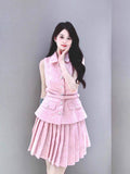 Small Design Pink Temperament Beads Top 2024 Summer Beauty POLO Received Waist 100 Folded Skirts Two Pieces 68HZ