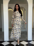 2024 New Gentle Wind Crush Floral Dress Women's Round Collar Long-Sleeved Leaf-Side Dress 68HZ