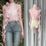 / Mencius Is The Same Pink Flower Lotus Leaf Side Ribbon Hanging Neck Vest 2024 New 68HZ