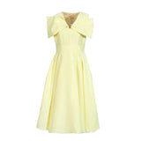 Elegant High-End Sense Court Style Retro 2025 Summer New Medium-Long V-Neck Short Sleeves To Close Waist Solid Color Dress Woman 68HZ