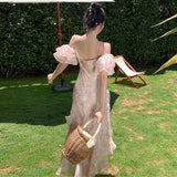 One-×Öshoulder Bubble Sleeve Chiffon Flower Hanging Dress Women Summer Seaside Holiday Super Fairy Long Dress 68HZ