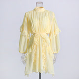 French Retro Style 2025 Summer New Mesh Collar Long Sleeves Wood Ear Design Lumbar Short Dress Woman 68HZ