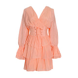 French Elegant Fashion Women's Clothing Spring 2025 New V-Shaped Collar Horn Long Sleeve High-Waisted Belt Short Skirt 68HZ