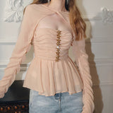 / South Oil Fashion Flowers Diamond Lotus Edge Folding Long Sleeve Top 2024 New 68HZ