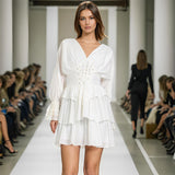 French Elegant Fashion Women's Clothing Spring 2025 New V-Shaped Collar Horn Long Sleeve High-Waisted Belt Short Skirt 68HZ