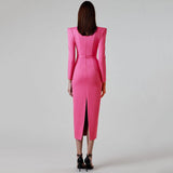 2025 New Spring And Autumn Temperament Banded Skirt Square Horn Cushion Shoulder Long Sleeve Elastic Body Elegant Dress 68HZ