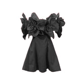 Party Evening Dress Three-Dimensional Flowers Spliced A Word Shoulder Skirt 2025 New Women's Summer Waist Solid Color Dress Women 68HZ