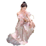 One-×Öshoulder Bubble Sleeve Chiffon Flower Hanging Dress Women Summer Seaside Holiday Super Fairy Long Dress 68HZ