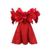 Party Evening Dress Three-Dimensional Flowers Spliced A Word Shoulder Skirt 2025 New Women's Summer Waist Solid Color Dress Women 68HZ