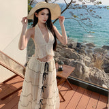 French Holiday Style V-Neck Hanging Neck Top Skirt Half Dress Two Sets Of Women's Summer Beach Beach Skirt 68HZ