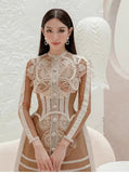 Autumn 2025 Lace Water-Soluble Flower Hollow Dress Long Sleeve Brown Short Skirt 68HZ