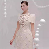 Summer 2025 Summer Three-Dimensional Floral Pattern Splicing Lattice Dress Single Row Pearl Buckle Skirt 68HZ