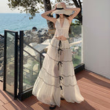 French Holiday Style V-Neck Hanging Neck Top Skirt Half Dress Two Sets Of Women's Summer Beach Beach Skirt 68HZ