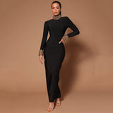 New Fashion Diamond-Studded Nail-Peared Long-Sleeved Banded Dress Sexy Dew Party Party Dress Dress 68HZ