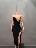 New Heavy Industry Diamond High Open Fork Bra Black Dress Famous Party French High-End Feel Evening Dress 68HZ