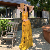 French Holiday Style V-Neck Hanging Neck Top Skirt Half Dress Two Sets Of Women's Summer Beach Beach Skirt 68HZ