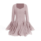 Design-Sensitive Fairy Dress 2025 New Square Collar Single Buckle Lotus Side Horn Sleeve Short Dress 68HZ