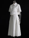 2025 Summer New Collar Short-Sleeved Shirt + High Waist Long Skirt Lace Embroidery Two-Set Suit Woman 68HZ