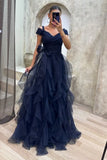 Purple elegant fashion A-line long layered ruffled tulle ball gown evening dress party dress HZ1023