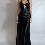 Black Fashion Retro Exquisite Rhinestone Elegant Sexy Suspender Long Satin Prom Dress Evening Dress Birthday Party Dress Prom Dress HZ1023