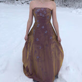 Pretty Brown Shiny Delicate Floral Beading Elegant Spaghetti Strap Long Satin Ball Gown Evening Dress Party Dress Prom Dress HZ1023