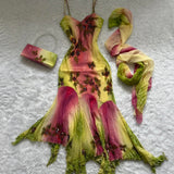 Pink Green Gradient Fashion Elegant Exquisite Beaded Spaghetti Strap Chiffon Long Ruffled Ball Gown Evening Dress Party Dress Prom Dress HZ1023