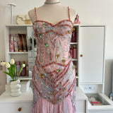 Pale Pink and Blue Flowing Vintage Fashion Mermaid Beaded Bodice Beaded with Sequins Beautiful Unique Glitter Elegant Long Chiffon Tulle Ball Gown Evening Gown Party Dress Prom Gown HZ1023