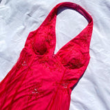 Vintage Fashion Playful and Sexy Bright Pink Deep V Delicate Floral Beaded Halter Long Satin Tulle Fairy Ball Gown Square Neck Prom Dress Evening Gown Birthday Party Dress HZ1023