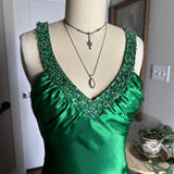 Green Shiny Vintage Fashion Sexy V-neck Rhinestone Bodycon Long Satin Backless Formal Prom Dress Evening Dress Party Dress HZ1023