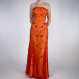 Beautiful Rare Vintage Orange Delicate Floral Sequin Beaded Backless Long Tulle Chiffon Ball Gown Evening Dress Prom Dress Birthday Party Dress HZ1023