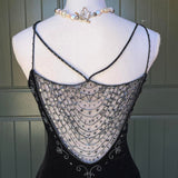 Vintage Black Velvet Gorgeous Exquisite Beading Elegant Spaghetti Strap Long Velvet Ball Gown Evening Dress Birthday Party Dress Prom Dress HZ1023