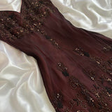 Red brown gorgeous beautiful elegant exquisite floral beading spaghetti straps long chiffon tulle ball gown evening gown party dress prom dress HZ1023