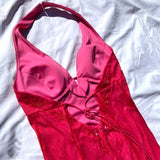 Vintage Fashion Playful and Sexy Bright Pink Deep V Delicate Floral Beaded Halter Long Satin Tulle Fairy Ball Gown Square Neck Prom Dress Evening Gown Birthday Party Dress HZ1023