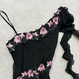 Black Gorgeous Elegant Delicate Pink Embroidered Appliqu¨¦ Beaded One Shoulder Long Chiffon Ruffled Sequin Ball Gown Birthday Party Dress Evening Gown Prom Gown Holiday Date Night Gown HZ1023