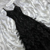 Black shiny elegant spaghetti strap sequined long ball gown prom dress evening dress party dress HZ1023