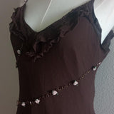 Brown Fashion Elegant Pink Delicate Floral Beading Spaghetti Straps Long Elegant Chiffon Ruffles prom dress Evening Dress Party Dress HZ1023