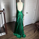 Green Shiny Vintage Fashion Sexy V-neck Rhinestone Bodycon Long Satin Backless Formal Prom Dress Evening Dress Party Dress HZ1023