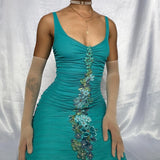 Turquoise Stunning Vintage Gorgeous Exquisite Floral Beaded Straps Long Chiffon Ball Gown Evening Dress Party Dress Prom Dress HZ1023