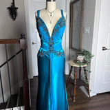 Blue Retro Fashion V-Neck Elegant Exquisite Beaded Floral Long Sexy Slim Spaghetti Strap Ball Gown Evening Gown Party Dress Prom Gown HZ1023