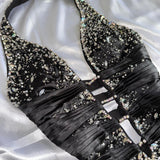 Black Gorgeous Vintage Fashion Elegant Exquisite Beaded Spaghetti Strap Long Satin Ball Gown Evening Gown Birthday Party Dress Prom Gown HZ1023