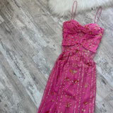 Stunning Rare Hot Pink Vintage Fashion Elegant Delicate Floral Sequin Long Chiffon Sequin Ball Gown Evening Dress Birthday Party Dress Fairy Dress Homecoming Dress Wedding Guest Dress Prom Dress HZ1023