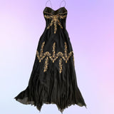 Black Gold Beautiful Embroidery Beaded Floral Spaghetti Strap Long Chiffon Ball Gown Evening Party Dress Prom Dress HZ1023