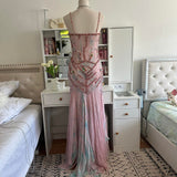 Pale Pink and Blue Flowing Vintage Fashion Mermaid Beaded Bodice Beaded with Sequins Beautiful Unique Glitter Elegant Long Chiffon Tulle Ball Gown Evening Gown Party Dress Prom Gown HZ1023